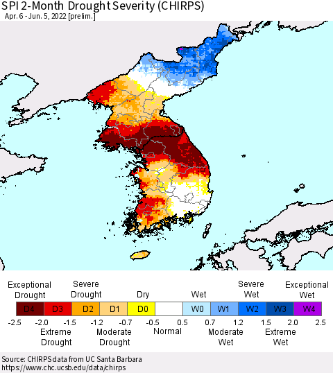 Korea SPI 2-Month Drought Severity (CHIRPS) Thematic Map For 4/6/2022 - 6/5/2022