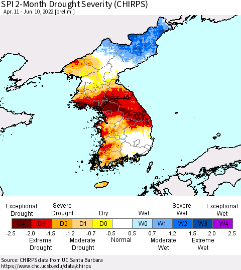 Korea SPI 2-Month Drought Severity (CHIRPS) Thematic Map For 4/11/2022 - 6/10/2022