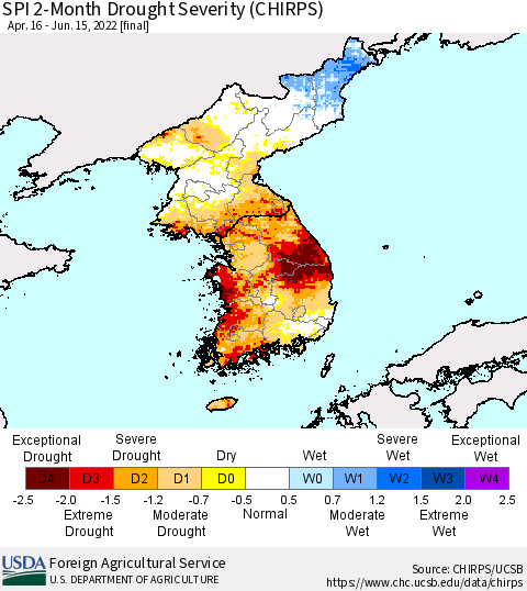 Korea SPI 2-Month Drought Severity (CHIRPS) Thematic Map For 4/16/2022 - 6/15/2022