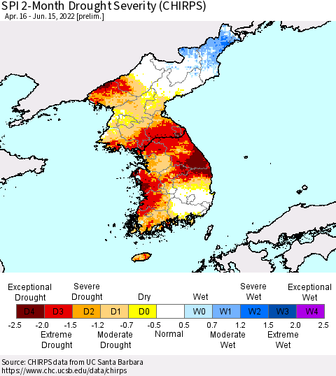 Korea SPI 2-Month Drought Severity (CHIRPS) Thematic Map For 4/16/2022 - 6/15/2022