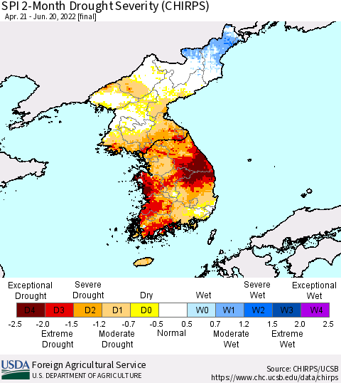 Korea SPI 2-Month Drought Severity (CHIRPS) Thematic Map For 4/21/2022 - 6/20/2022