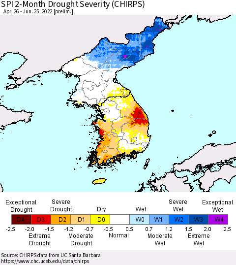 Korea SPI 2-Month Drought Severity (CHIRPS) Thematic Map For 4/26/2022 - 6/25/2022