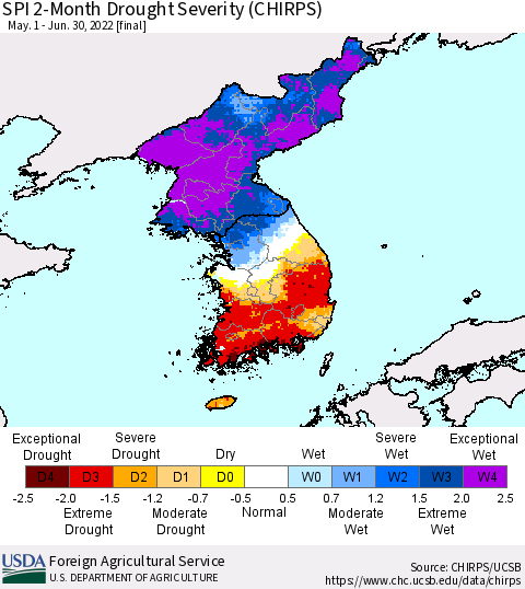 Korea SPI 2-Month Drought Severity (CHIRPS) Thematic Map For 5/1/2022 - 6/30/2022