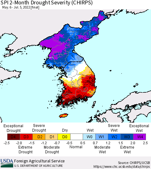 Korea SPI 2-Month Drought Severity (CHIRPS) Thematic Map For 5/6/2022 - 7/5/2022