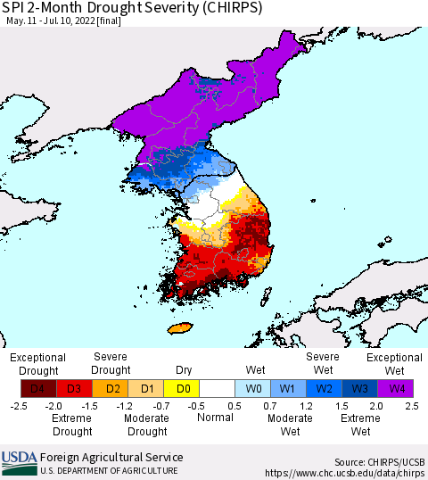 Korea SPI 2-Month Drought Severity (CHIRPS) Thematic Map For 5/11/2022 - 7/10/2022