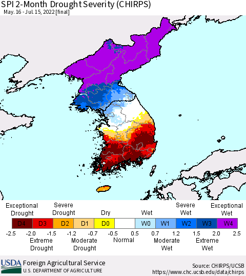 Korea SPI 2-Month Drought Severity (CHIRPS) Thematic Map For 5/16/2022 - 7/15/2022