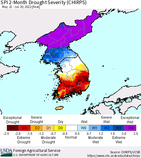 Korea SPI 2-Month Drought Severity (CHIRPS) Thematic Map For 5/21/2022 - 7/20/2022