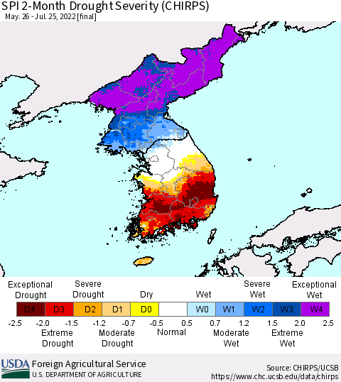 Korea SPI 2-Month Drought Severity (CHIRPS) Thematic Map For 5/26/2022 - 7/25/2022
