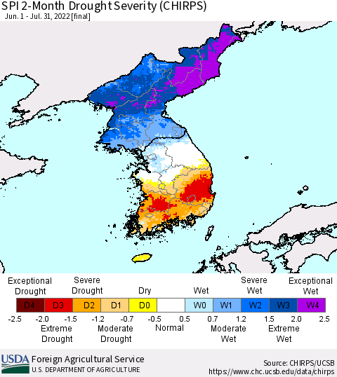 Korea SPI 2-Month Drought Severity (CHIRPS) Thematic Map For 6/1/2022 - 7/31/2022