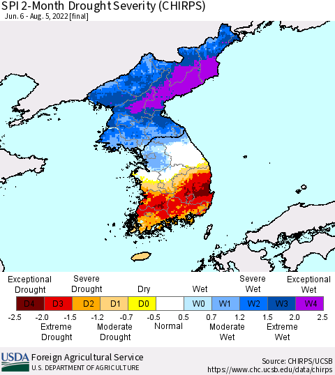 Korea SPI 2-Month Drought Severity (CHIRPS) Thematic Map For 6/6/2022 - 8/5/2022