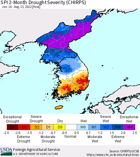 Korea SPI 2-Month Drought Severity (CHIRPS) Thematic Map For 6/16/2022 - 8/15/2022