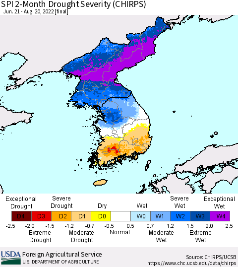 Korea SPI 2-Month Drought Severity (CHIRPS) Thematic Map For 6/21/2022 - 8/20/2022