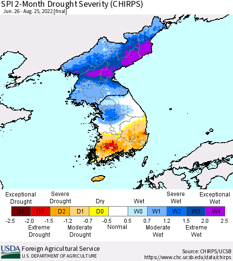 Korea SPI 2-Month Drought Severity (CHIRPS) Thematic Map For 6/26/2022 - 8/25/2022