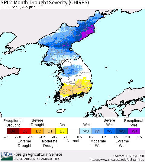 Korea SPI 2-Month Drought Severity (CHIRPS) Thematic Map For 7/6/2022 - 9/5/2022