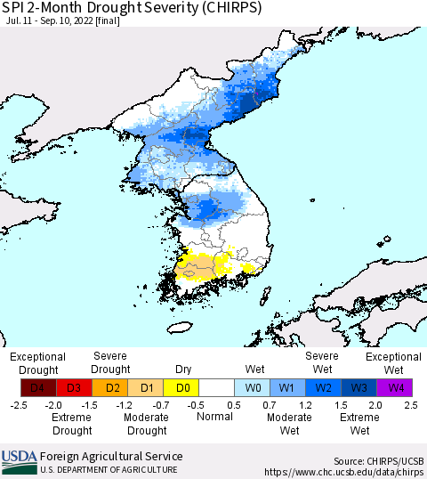 Korea SPI 2-Month Drought Severity (CHIRPS) Thematic Map For 7/11/2022 - 9/10/2022