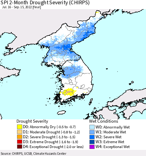 Korea SPI 2-Month Drought Severity (CHIRPS) Thematic Map For 7/16/2022 - 9/15/2022