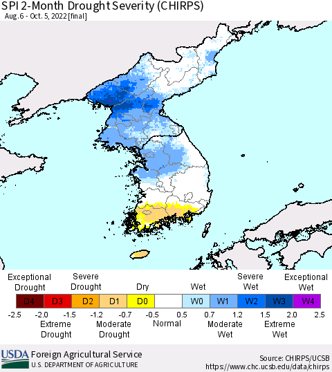 Korea SPI 2-Month Drought Severity (CHIRPS) Thematic Map For 8/6/2022 - 10/5/2022