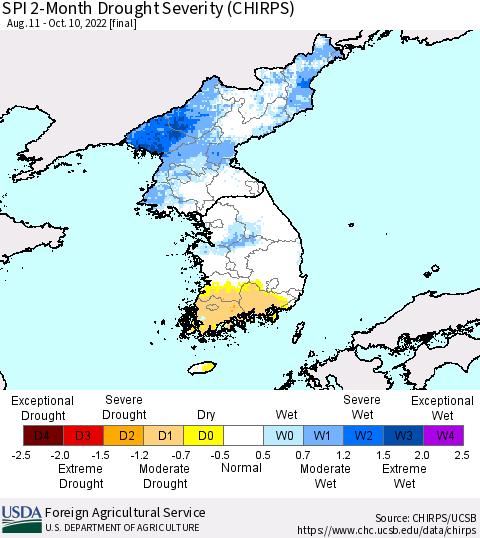 Korea SPI 2-Month Drought Severity (CHIRPS) Thematic Map For 8/11/2022 - 10/10/2022