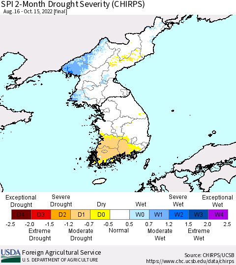 Korea SPI 2-Month Drought Severity (CHIRPS) Thematic Map For 8/16/2022 - 10/15/2022