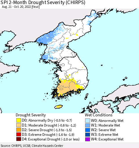 Korea SPI 2-Month Drought Severity (CHIRPS) Thematic Map For 8/21/2022 - 10/20/2022