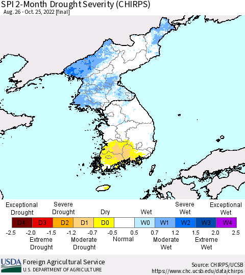 Korea SPI 2-Month Drought Severity (CHIRPS) Thematic Map For 8/26/2022 - 10/25/2022