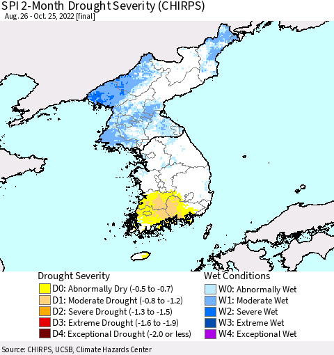 Korea SPI 2-Month Drought Severity (CHIRPS) Thematic Map For 8/26/2022 - 10/25/2022