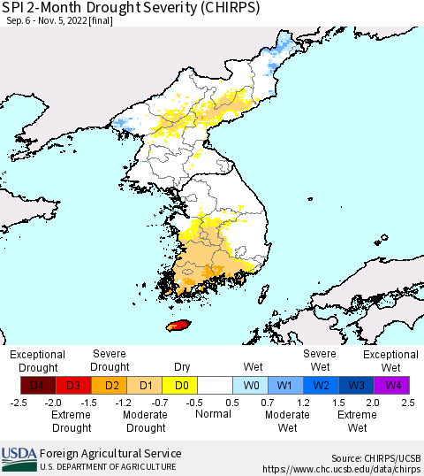 Korea SPI 2-Month Drought Severity (CHIRPS) Thematic Map For 9/6/2022 - 11/5/2022