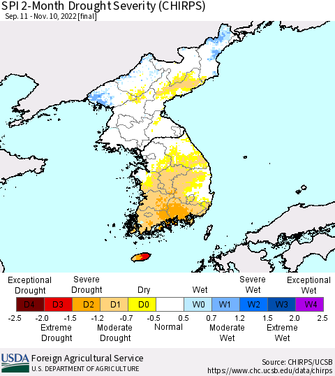 Korea SPI 2-Month Drought Severity (CHIRPS) Thematic Map For 9/11/2022 - 11/10/2022
