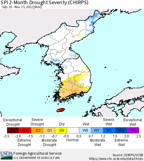 Korea SPI 2-Month Drought Severity (CHIRPS) Thematic Map For 9/16/2022 - 11/15/2022
