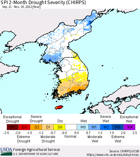 Korea SPI 2-Month Drought Severity (CHIRPS) Thematic Map For 9/21/2022 - 11/20/2022