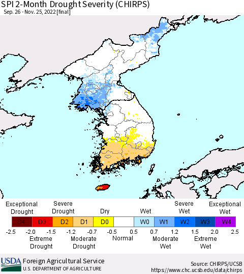 Korea SPI 2-Month Drought Severity (CHIRPS) Thematic Map For 9/26/2022 - 11/25/2022