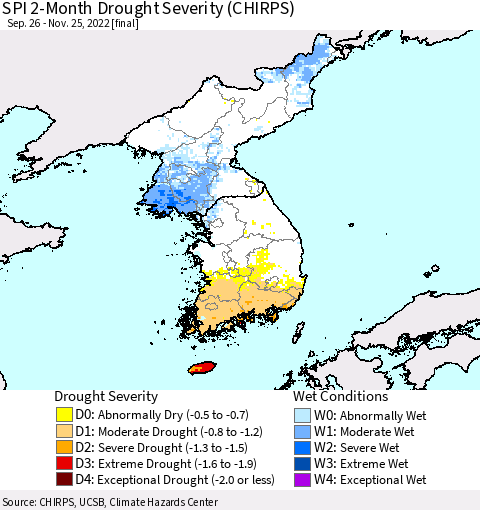 Korea SPI 2-Month Drought Severity (CHIRPS) Thematic Map For 9/26/2022 - 11/25/2022