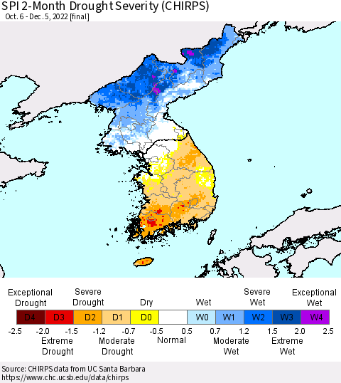 Korea SPI 2-Month Drought Severity (CHIRPS) Thematic Map For 10/6/2022 - 12/5/2022