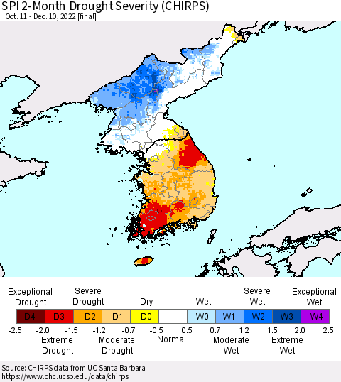 Korea SPI 2-Month Drought Severity (CHIRPS) Thematic Map For 10/11/2022 - 12/10/2022