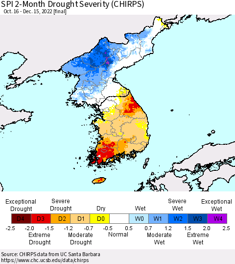 Korea SPI 2-Month Drought Severity (CHIRPS) Thematic Map For 10/16/2022 - 12/15/2022