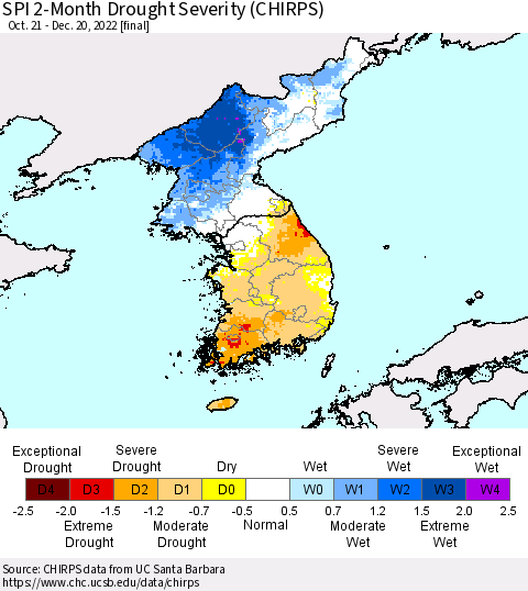 Korea SPI 2-Month Drought Severity (CHIRPS) Thematic Map For 10/21/2022 - 12/20/2022