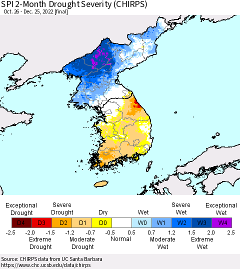 Korea SPI 2-Month Drought Severity (CHIRPS) Thematic Map For 10/26/2022 - 12/25/2022