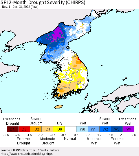 Korea SPI 2-Month Drought Severity (CHIRPS) Thematic Map For 11/1/2022 - 12/31/2022