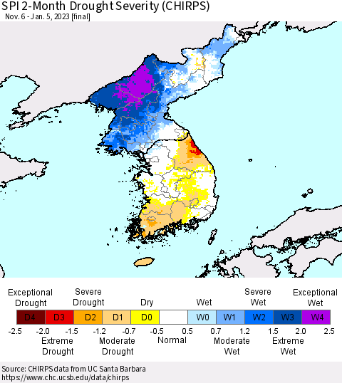 Korea SPI 2-Month Drought Severity (CHIRPS) Thematic Map For 11/6/2022 - 1/5/2023