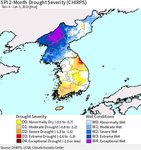 Korea SPI 2-Month Drought Severity (CHIRPS) Thematic Map For 11/6/2022 - 1/5/2023