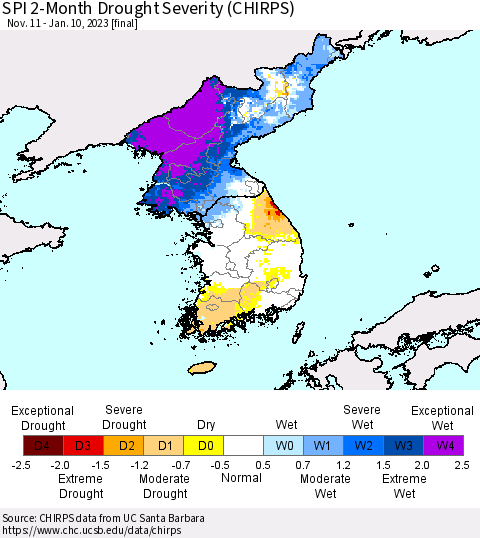 Korea SPI 2-Month Drought Severity (CHIRPS) Thematic Map For 11/11/2022 - 1/10/2023