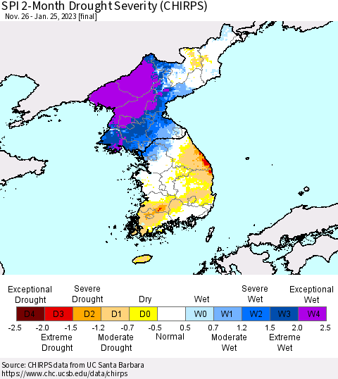 Korea SPI 2-Month Drought Severity (CHIRPS) Thematic Map For 11/26/2022 - 1/25/2023
