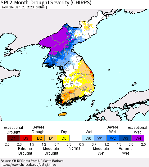 Korea SPI 2-Month Drought Severity (CHIRPS) Thematic Map For 11/26/2022 - 1/25/2023