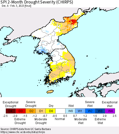 Korea SPI 2-Month Drought Severity (CHIRPS) Thematic Map For 12/6/2022 - 2/5/2023