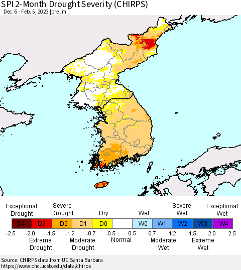 Korea SPI 2-Month Drought Severity (CHIRPS) Thematic Map For 12/6/2022 - 2/5/2023