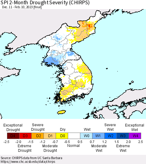 Korea SPI 2-Month Drought Severity (CHIRPS) Thematic Map For 12/11/2022 - 2/10/2023
