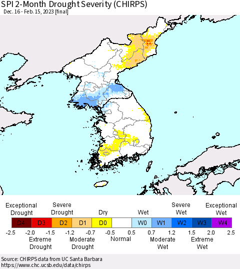 Korea SPI 2-Month Drought Severity (CHIRPS) Thematic Map For 12/16/2022 - 2/15/2023