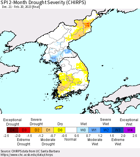 Korea SPI 2-Month Drought Severity (CHIRPS) Thematic Map For 12/21/2022 - 2/20/2023