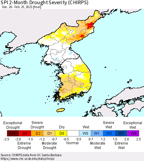 Korea SPI 2-Month Drought Severity (CHIRPS) Thematic Map For 12/26/2022 - 2/25/2023