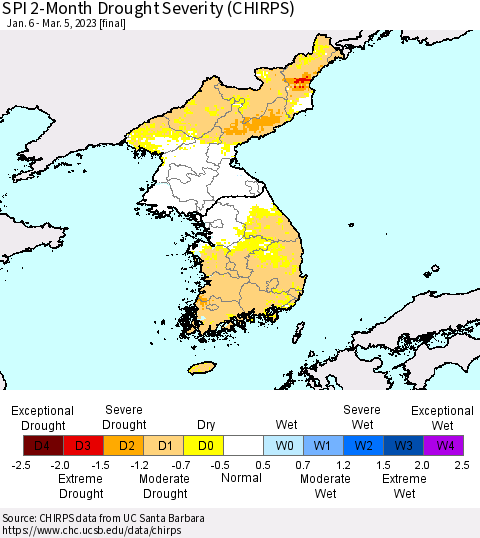 Korea SPI 2-Month Drought Severity (CHIRPS) Thematic Map For 1/6/2023 - 3/5/2023